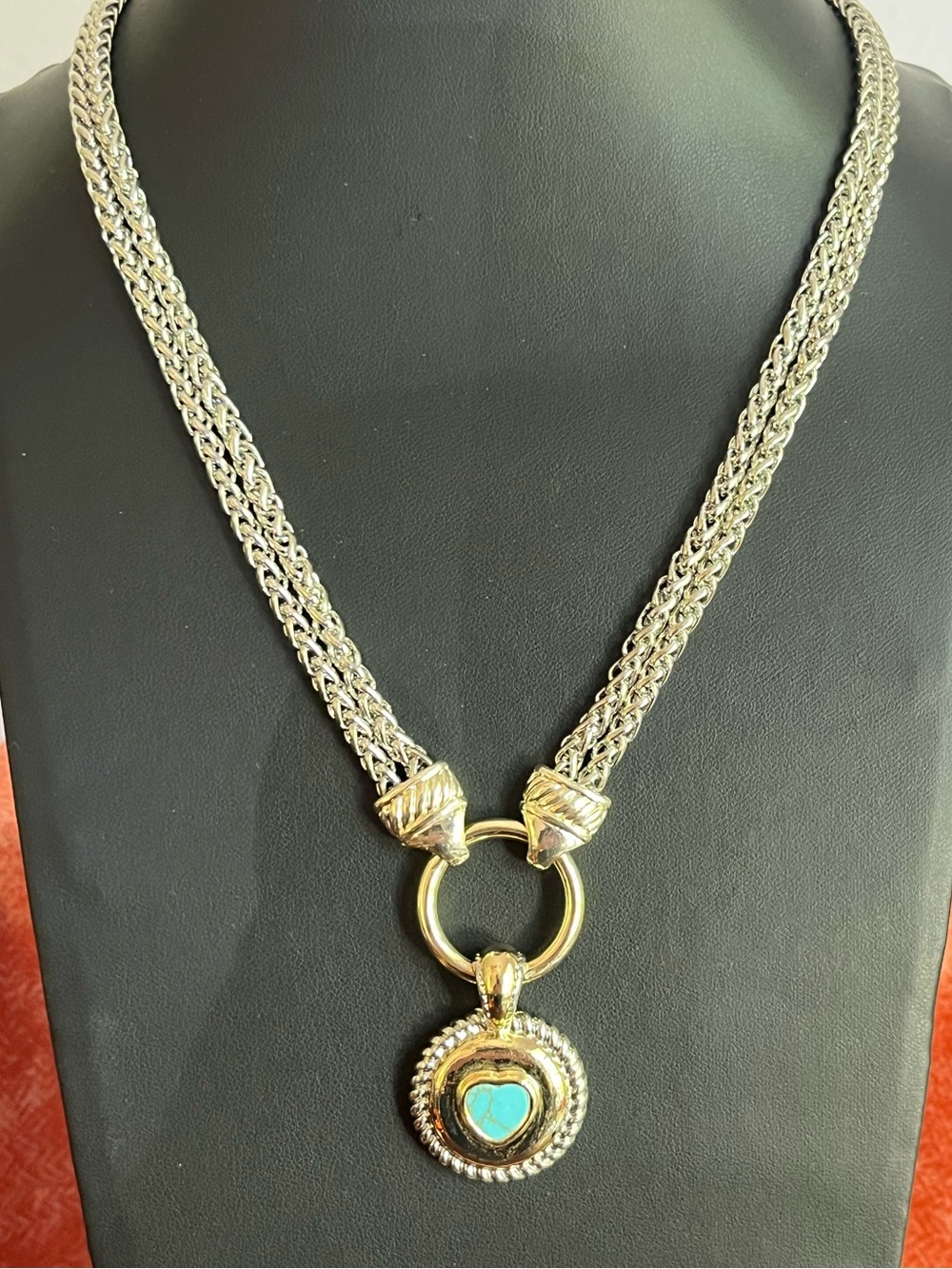 Two-Tone Silver & Gold Necklace with Turquoise Heart Pendant 18-20”